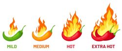 Spicy chili scale. Pepper with fire for spice strength levels mild, medium and extra hot for sauce or food labels, logo and menu, vector set. Vegetable burning in fire, orange flame